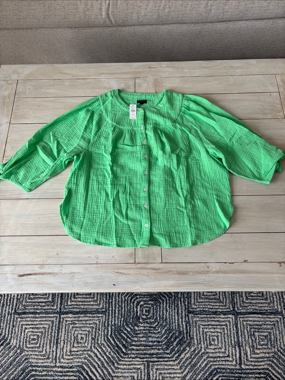 Talbots Petite Green 100% Cotton Crinkle Gauze 3/4 Sleeve Blouse PL